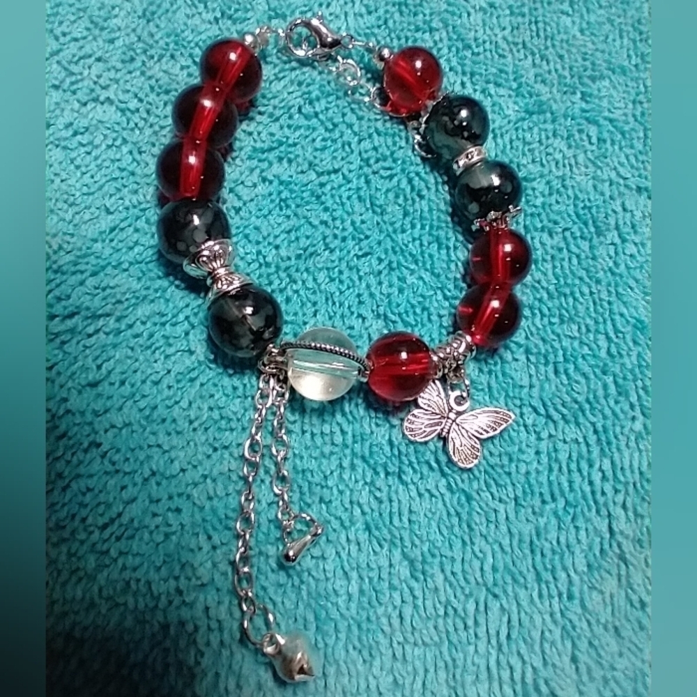 Silvertone red grey butterfly bracelet NOT stretch